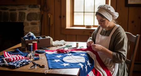 Woman sewing American flag on a table in a country house. Selective focus.の素材