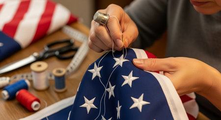 Woman sews a flag of the United States of America. Selective focus.の素材
