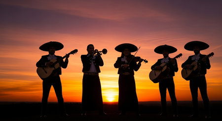 Silhouette of group of mexican musicians in sombrero playing music on sunset backgroundの素材