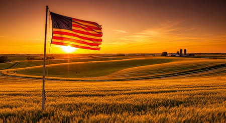 Sunset over a wheat field with the American flag waving in the windの素材