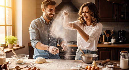 Happy couple is preparing dough and smiling while cooking in kitchen at homeの素材