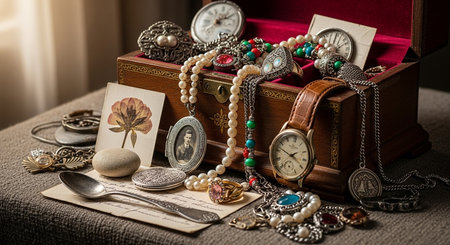 Vintage pocket watch and jewellery in a wooden box on the tableの素材