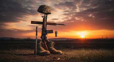Soldier's boot with assault rifle on the background of the sunsetの素材