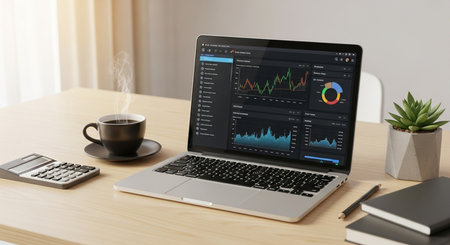 Laptop and coffee cup on wood table with stock market chart on screenの素材