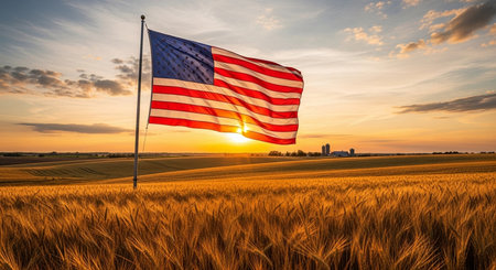 American flag waving in the wind on a wheat field at sunrise.の素材