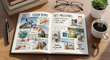 top view of magazine on desk with coffee cup and eyeglassesの素材