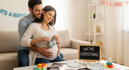 Pregnant woman and her husband sitting on sofa at home and holding baby clothesの素材