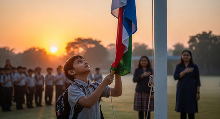 Unidentified asian boy in school uniform with indian flag during sunset.の素材
