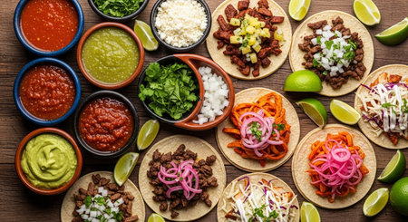 Traditional mexican tacos with ingredients on wooden table, top viewの素材