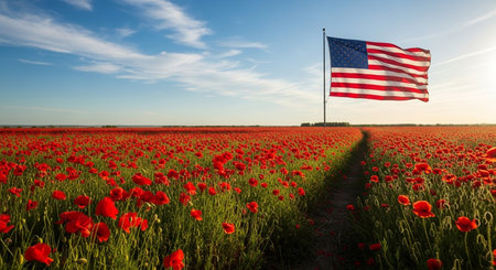 American flag waving in the wind over a field of poppiesの素材
