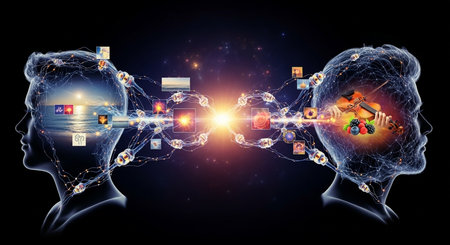 two heads connected by network of images and light, symbolizing communication and transfer of knowledgeの素材