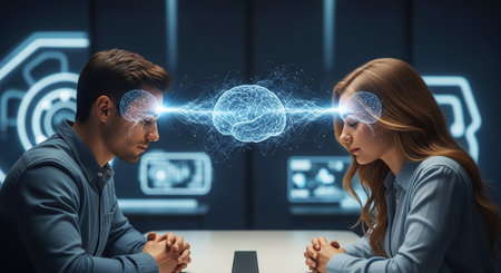 a man and woman are connected by a glowing brain in a futuristic setting with screens in the backgroundの素材