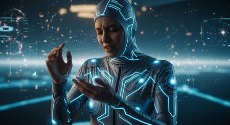 a woman in a futuristic suit interacts with a holographic interface in a digital environment scene.の素材