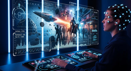a woman with brain sensors interacts with a futuristic interface displaying sci-fi and fantasy scenesの素材