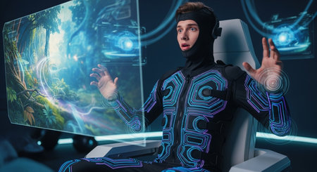 Handsome young man playing video game with joystick in futuristic roomの素材