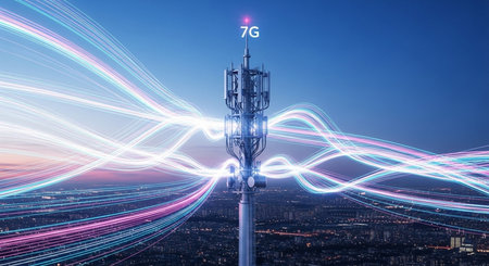 3D rendering of 5G wireless communication network over a cityscape backgroundの素材