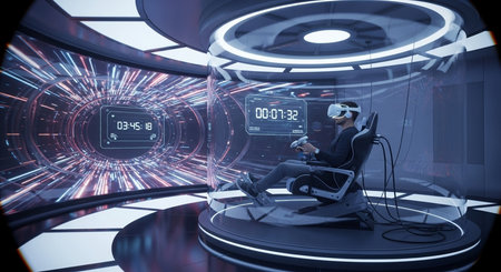 Young man in virtual reality headset sitting on chair in futuristic interior. 3d renderingの素材