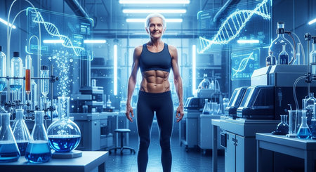 a fit senior woman with abs poses in a futuristic laboratory with dna visualizations and lab equipment.の素材