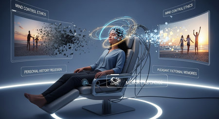 a woman sits in a chair with a headset, manipulating memories with a futuristic interface and ethical concernsの素材