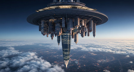 a city hangs upside down from a platform in the sky above clouds with another city below in the distanceの素材