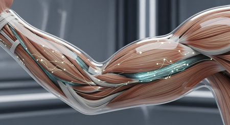 anatomical arm rendering displays muscles veins and nerves with detailed connections in a close up view of healthの素材