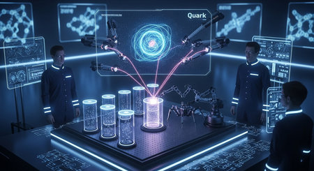a futuristic science lab shows scientists working with a quark display in a high tech environment setupの素材