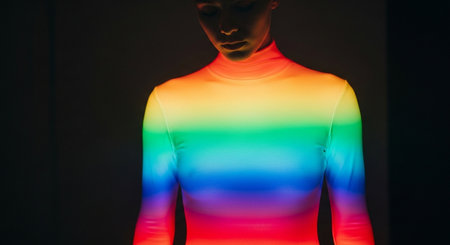 a person in a rainbow shirt stands in a dark room, their expression neutral, creating a striking image.の素材