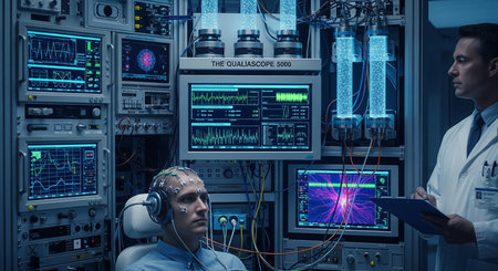 a man is undergoing a brain scan in a lab with a doctor and lots of medical equipment and monitoring screensの素材