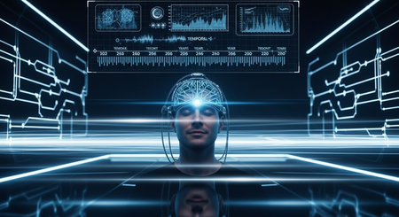 a man with a brain interface headset surrounded by blue digital technology and data displays in a futuristic sceneの素材