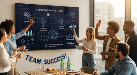 a diverse team presents ai generative success stories on a screen in a conference room celebrating successの素材