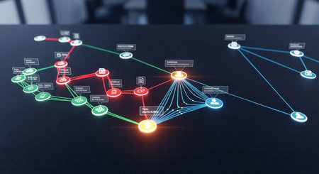 a complex network diagram is displayed with glowing nodes and connections on a dark, reflective surface.の素材