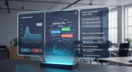 a floating interface shows battery life analysis, product improvement, and customer integration insights.の素材