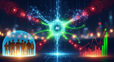 a vibrant ai concept showing a team protected with stock market growth and digital connections shown aboveの素材