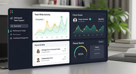 Modern office workplace with laptop and business website. All screen graphics are made up.の素材