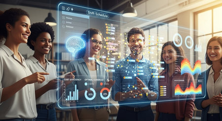 Innovative technologies in business. Group of happy young people in smart casual wear working together and using digital interface while standing in officeの素材