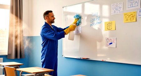 a man in blue uniform cleans a whiteboard with drawings and text in a classroom with desks and chairsの素材