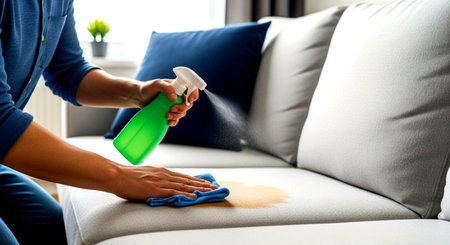 a person is cleaning a stain on a gray sofa using a green spray bottle and a blue cloth indoors at homeの素材