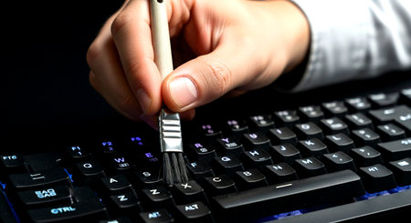 a hand uses a brush to clean a black keyboard, removing dust and debris. it is a detailed close up shotの素材