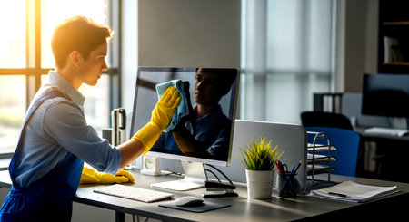 a person is cleaning the computer screen in an office environment with gloves and a blue cleaning clothの素材