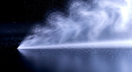 a stream of vapor or mist disperses from a single point on a dark, reflective surface creating a dynamic effectの素材