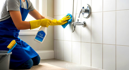 a person wearing yellow gloves and an apron is cleaning a tiled shower with cleaner and a blue clothの素材