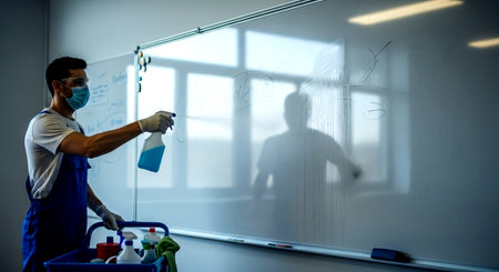 a man with a mask is spraying a whiteboard with cleaning supplies on a cart in the foreground of the imageの素材