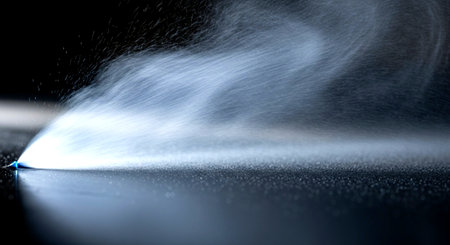 a blue nozzle sprays a fine mist across a dark, reflective surface, creating a visually interesting effectの素材