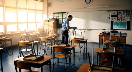 a man in a mask sprays disinfectant in an empty classroom with upturned chairs on desks for cleaning.の素材