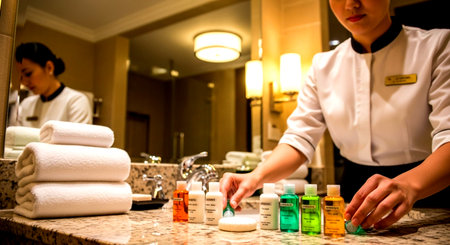 hotel employee arranging toiletries and towels in a well lit bathroom with a mirror and marble countertopの素材