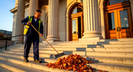 man sweeping leaves on steps of a building with columns and doors on a sunny day in the outdoors. Very clean.の素材