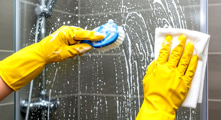 hands in yellow gloves clean shower door with brush and cloth, removing soap scum for a sparkling cleanの素材