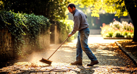 a man sweeps leaves on a cobblestone path surrounded by trees and foliage in an outdoor settingの素材