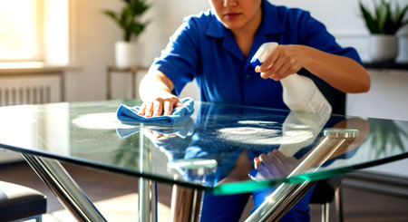 a woman cleaning a glass table with a spray bottle and cloth in a bright room with a modern aestheticの素材