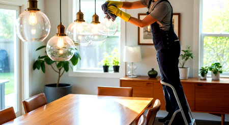 a person on a ladder cleaning pendant lights in a dining room with a wooden table and chairs indoors.の素材
